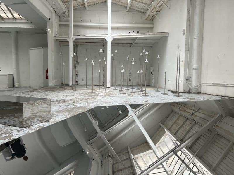 Foule en verre se reflétant dans les monolithes